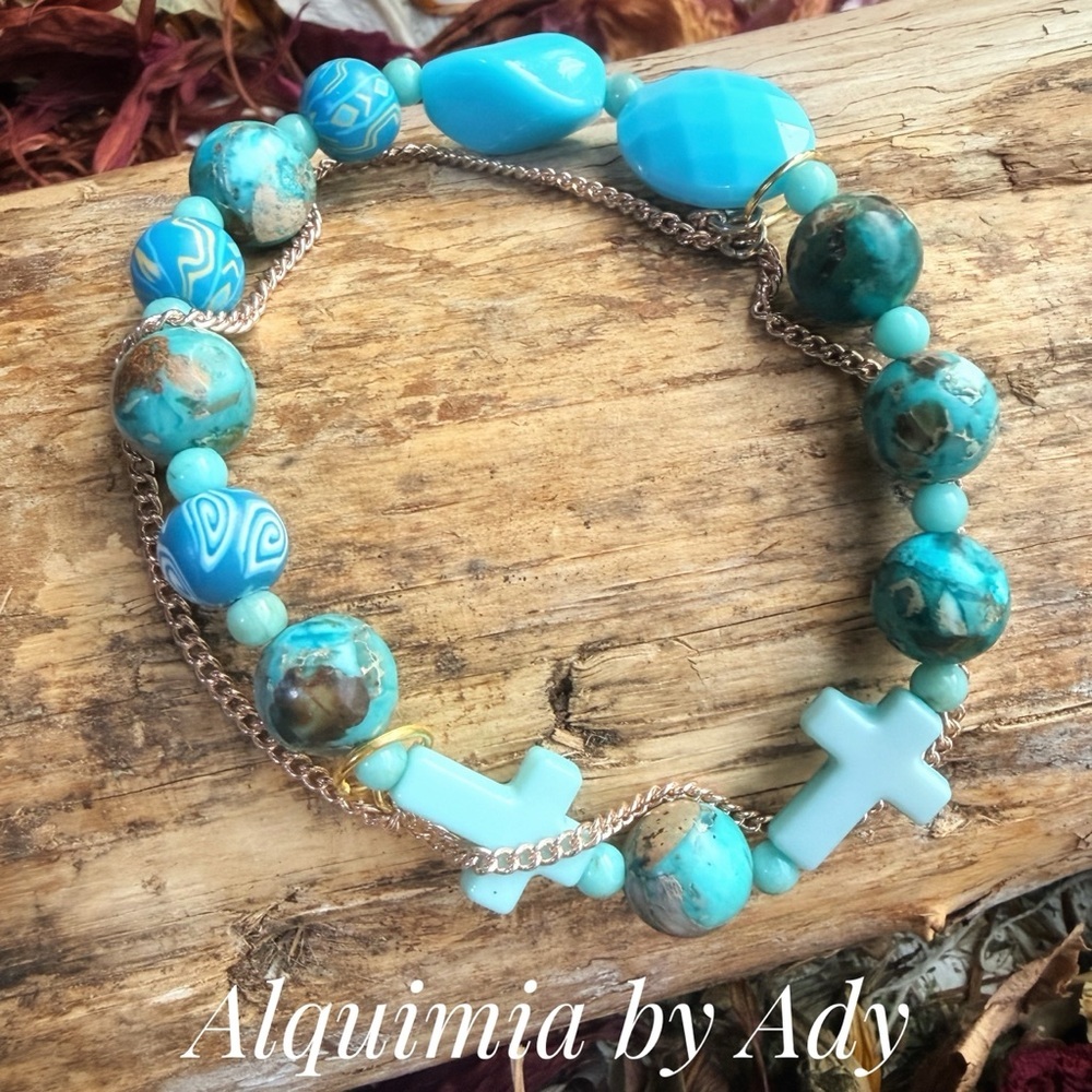 Turquoise crystals and rose gold chain layered bracelet